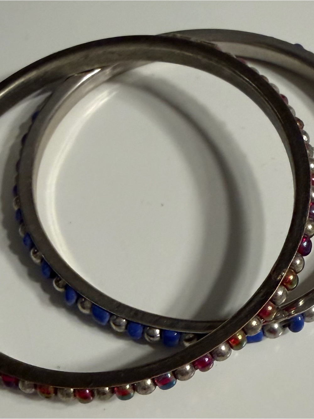 Silver-Tone Multi Bead Accent Bangle Bracelets - Blue & Red/Purple